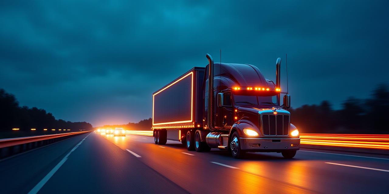 Modern semi-truck illuminated on a high-tech night highway