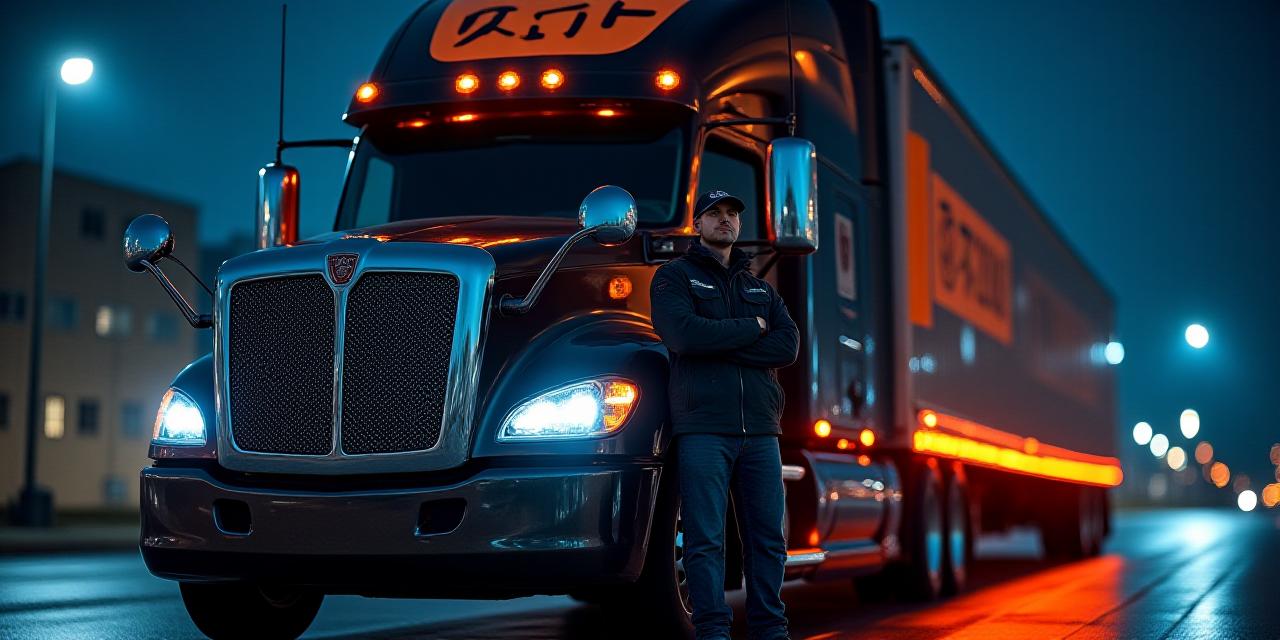 Professional CDL driver standing next to a modern black heavy-duty truck